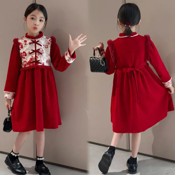 女童冬季连衣裙2026加绒加厚裙子冬装过年童装洋气加厚红色拜年服