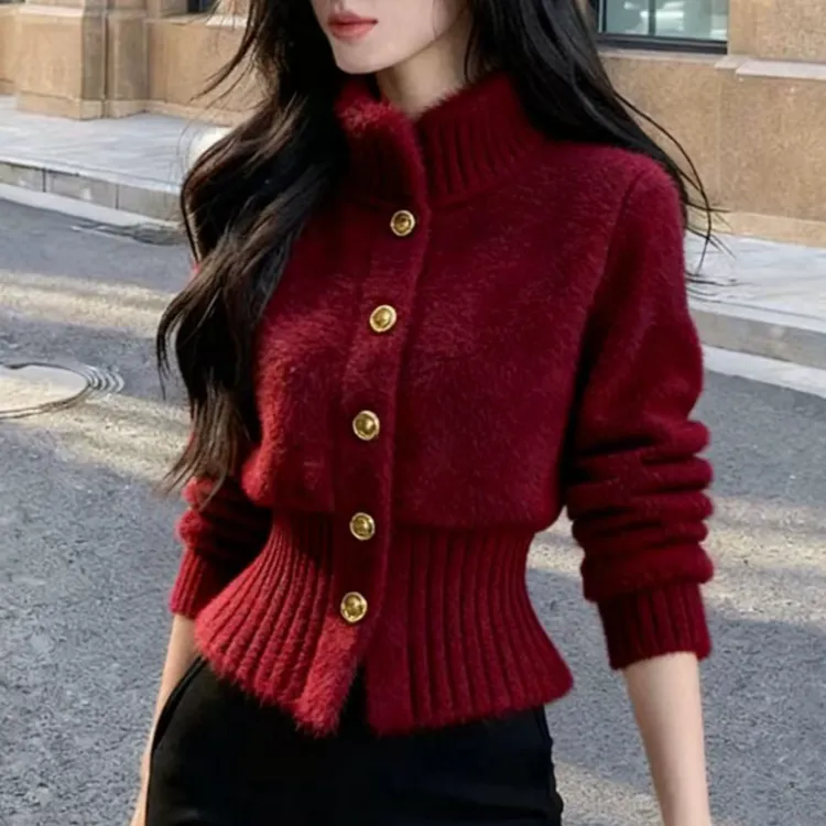 氛围感软糯掐腰显瘦针织开衫女秋冬季新款气质小香风立领毛衣外套