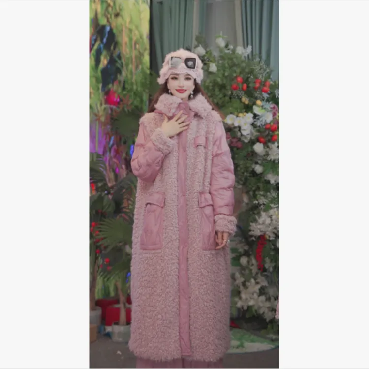 【新歌精选】冬季时尚优雅轻奢宽松长款颗粒绒拼接女羽绒服261P1056