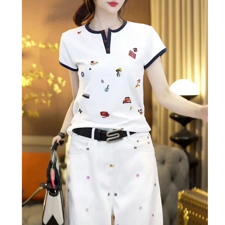 『趣味涂鸦』2025夏季短款宽松圆领显瘦卡通撞色小v领印花短袖T恤女