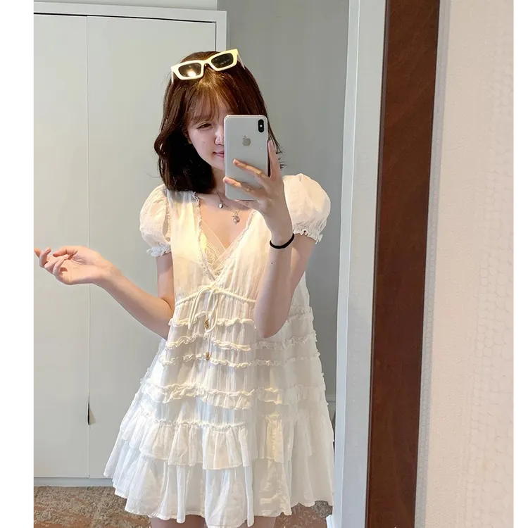 【裙摆涟漪】夏季公主袖V领连衣裙夏宽松设计感短款蛋糕裙