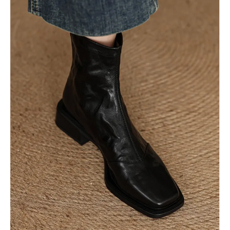 羊皮中跟粗跟小短靴女瘦瘦靴2025新款秋冬法式黑色复古方头马丁靴