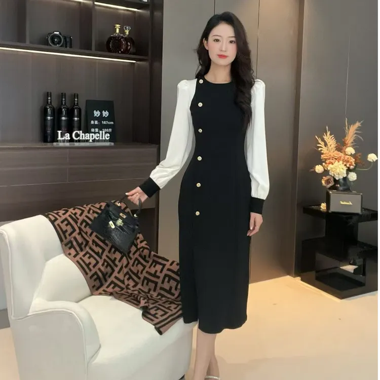 拉夏贝尔25秋新显瘦气质小众轻奢赫本风长裙礼服连衣裙 10628 LSC