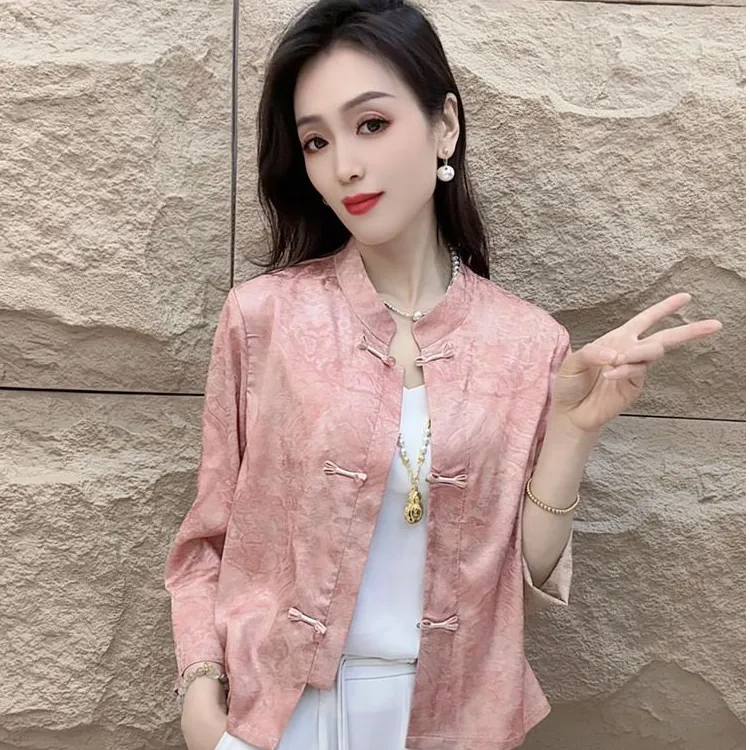 2025秋季新款时尚潮流新中式立领上衣百搭国风盘扣提花九分袖外套