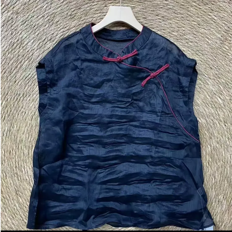 夏季新款无袖100分苎麻中国风大码女装爆款盘扣小立领马甲