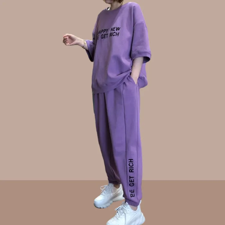 运动服套装女爆款2025新款夏季时尚宽松短袖长裤两件套休闲体操服