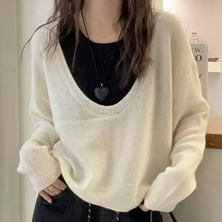 新款假两件羊毛毛衣气质拼色长袖针织衫时尚百搭宽松圆领打底衫女