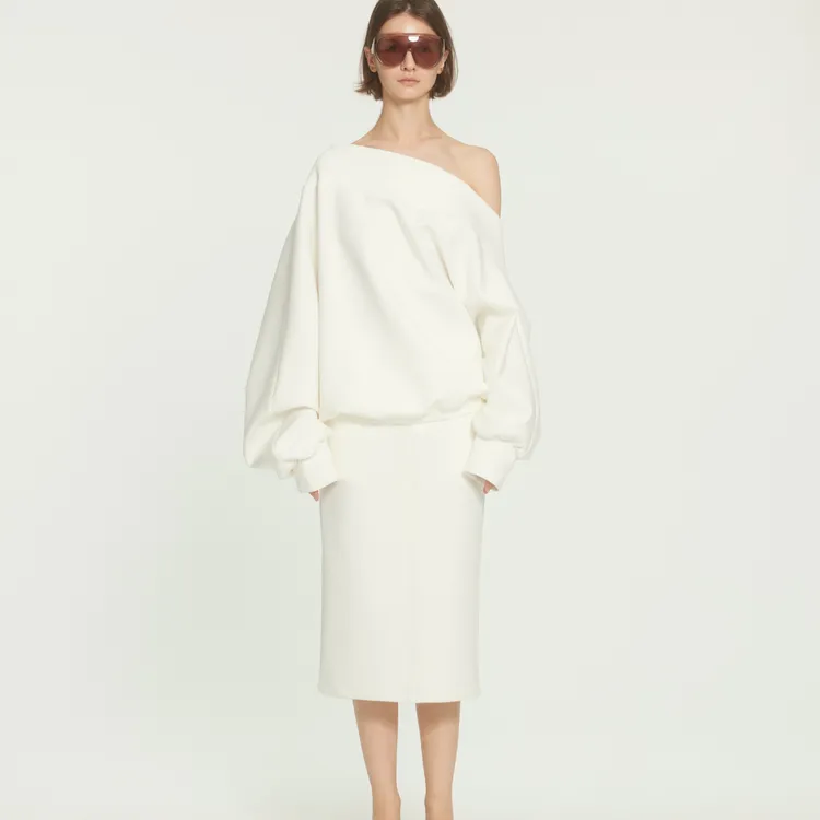 BUZHOU 25AW"松弛老钱"重工质感大廓形斜肩长袖卫衣卫衣半裙套装