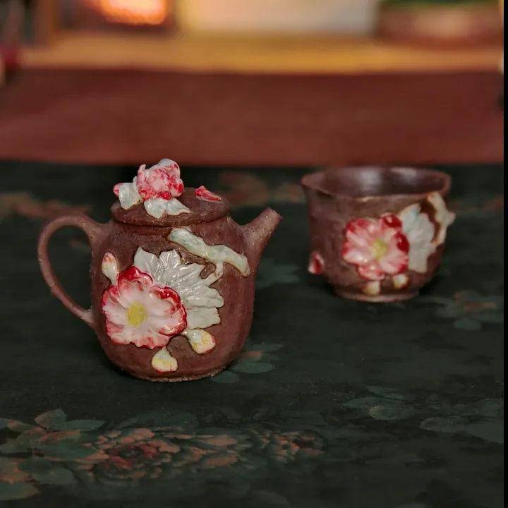 【茗器堂-禾木柴烧】 海棠花茶壶杯组69号 黑陶 柴烧宝瓶壶