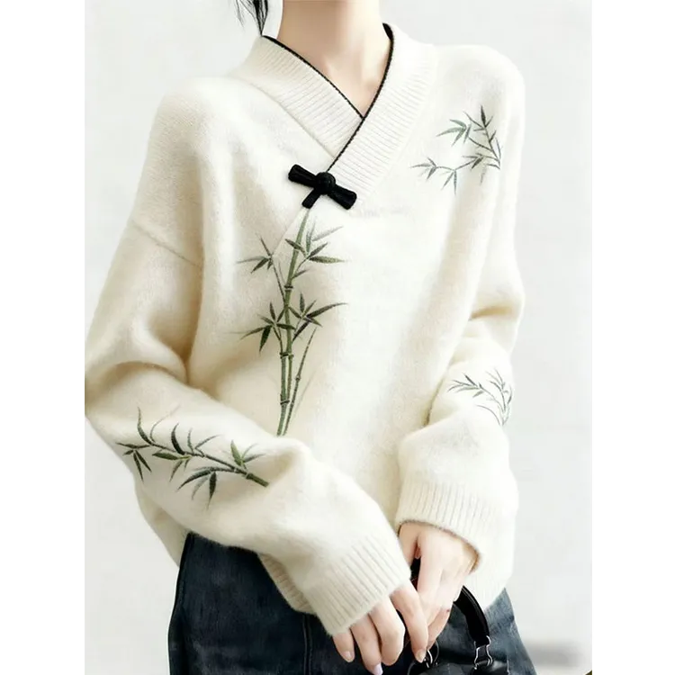新中式国风设计感竹子刺绣毛衣女秋冬季新款高级感轻奢V领针织衫