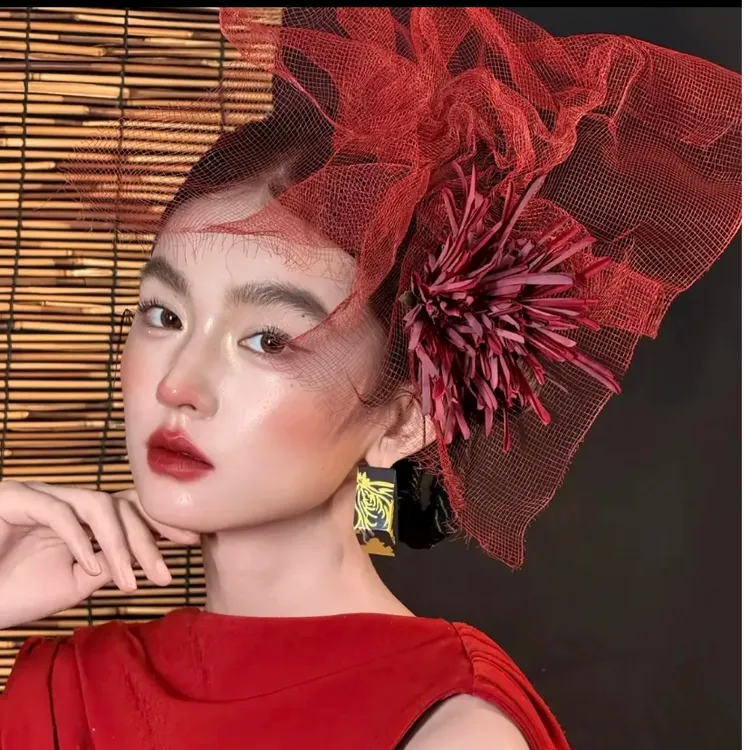 原创手作新娘头饰复古红色花朵发饰婚纱礼服造型配饰发饰