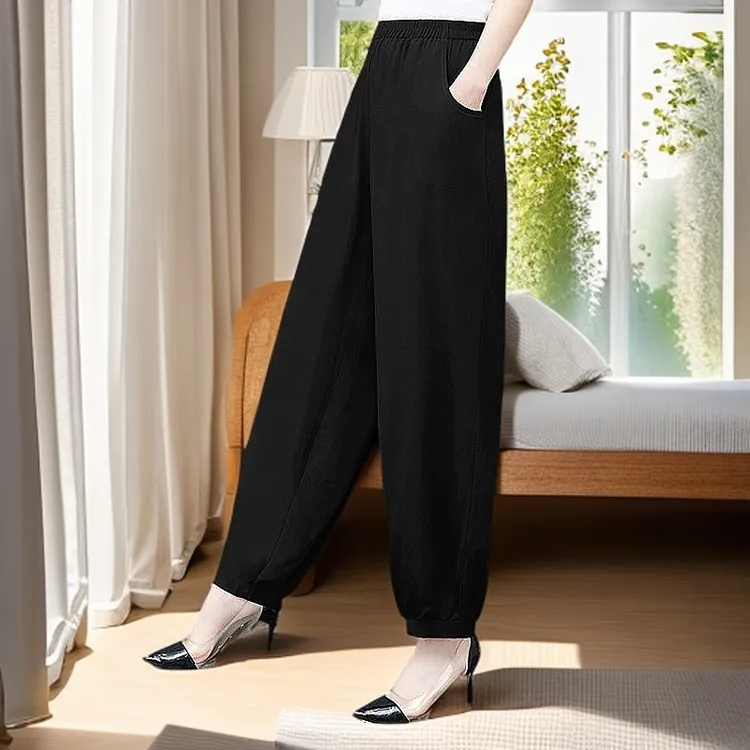 纯色棉绸女裤中老年妈妈裤休闲裤大码显瘦时尚夏季外穿防蚊灯笼裤