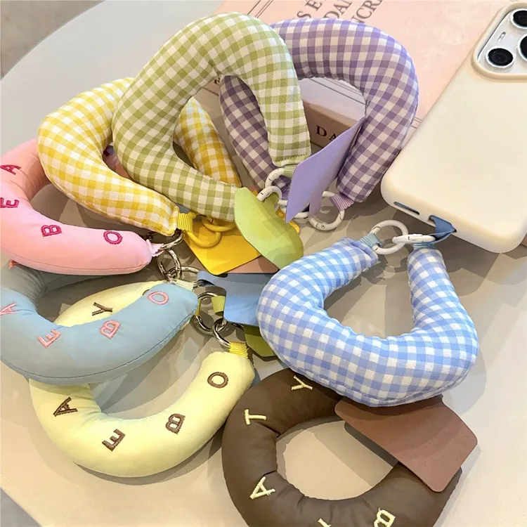 时尚潮流短款手机挂绳撞色格纹刺绣手工布艺手腕带手提配饰防摔