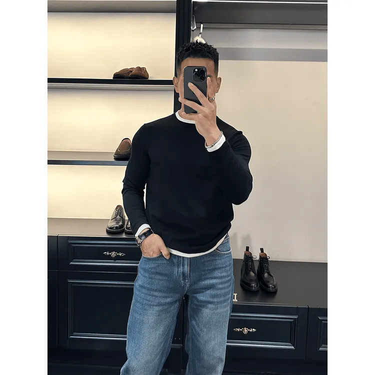 2025秋季新款男士圆领长袖针织衫假两件休闲百搭时尚高端针织上衣