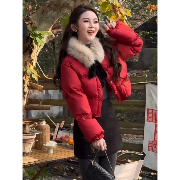 大毛领小个子短款荷叶边少女心棉服女2026冬季新款跨年红外套潮流