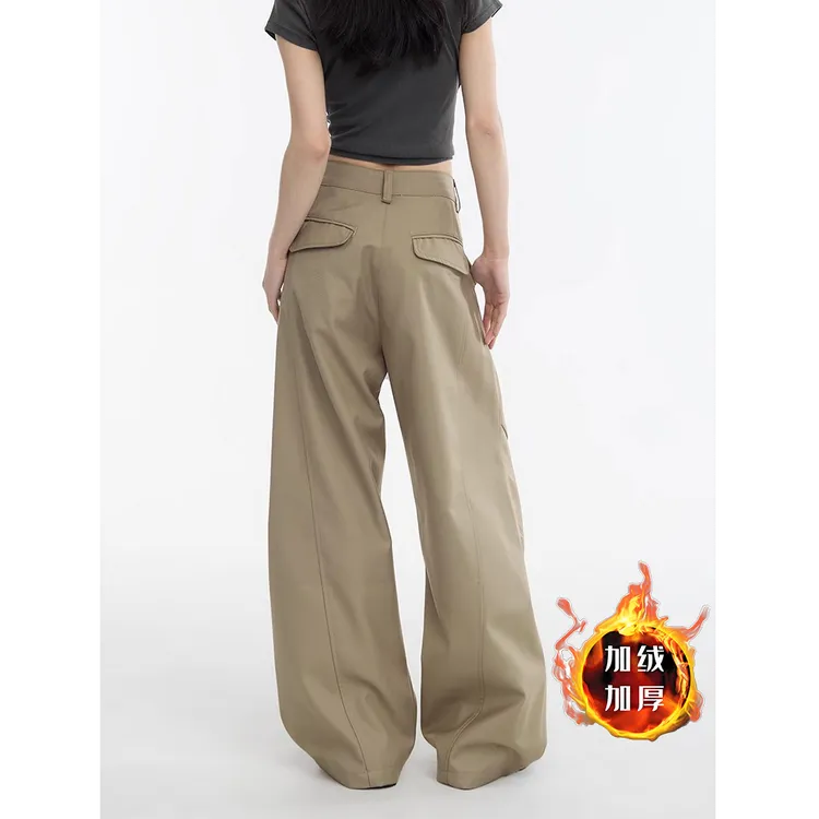 美式卡其色工装口袋阔腿裤2025秋冬新款西装裤女宽松弯刀休闲裤子
