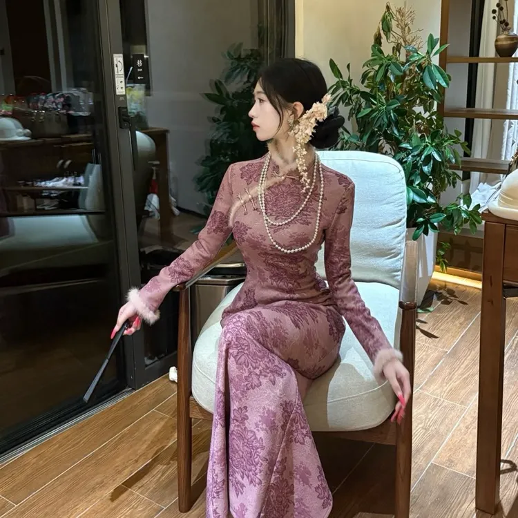 LHMknk1画报夫人原创自制厚款针织水貂毛秋冬旗袍 牡丹珠帘旗袍