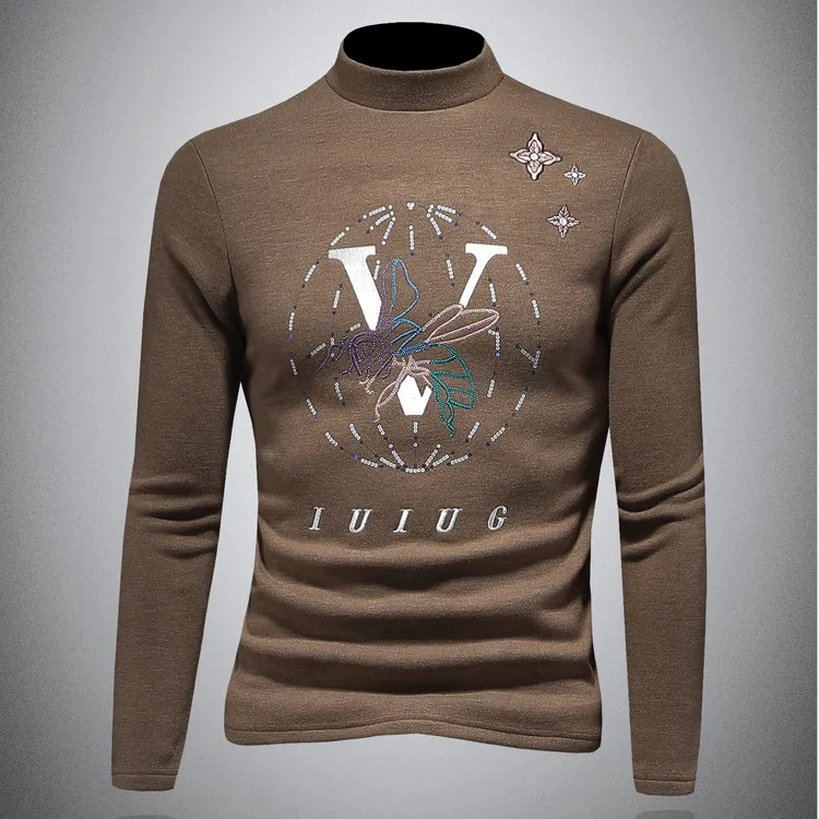 霍科比特冬季加绒加厚t恤男士保暖修身半高领打底衫时尚刺绣长袖