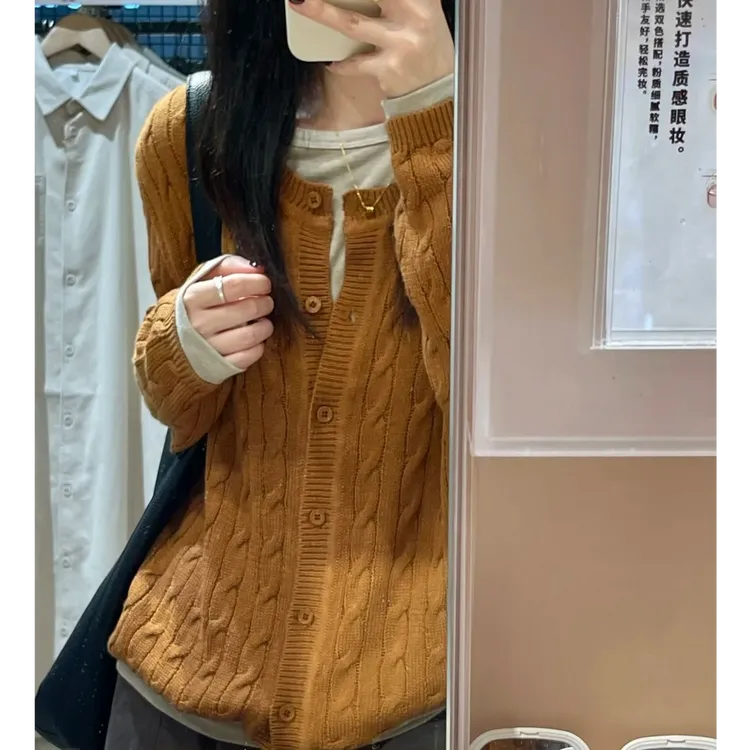 chao推荐！秋日氛围感~显白落日橘复古麻花毛衣百搭慵懒风开衫外套