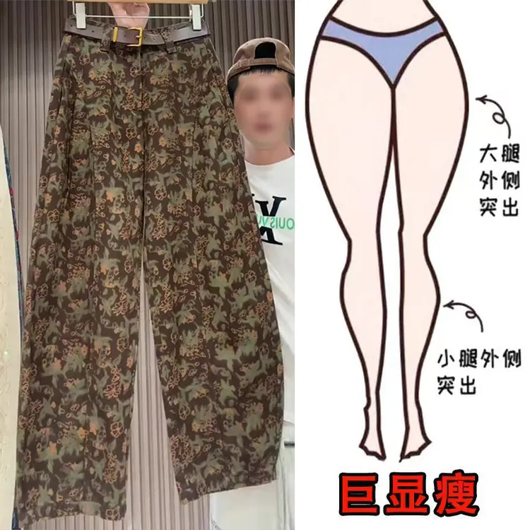秋冬爆款时尚洋气复古碎花设计感遮肉显瘦高腰宽松阔腿弯刀休闲裤