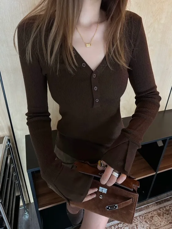 美拉德咖色V领长袖针织衫女秋冬内搭轻熟高级感毛衣洋气修身上衣