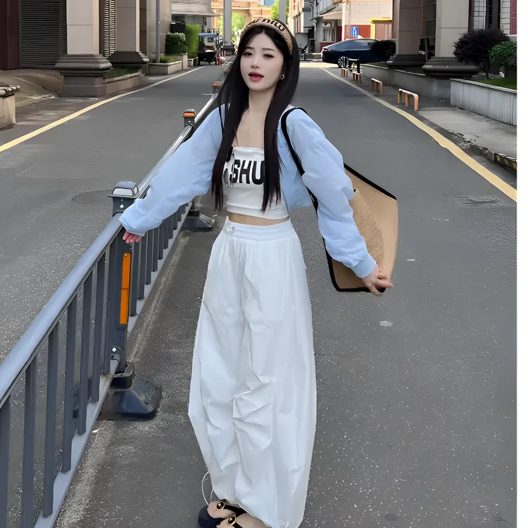 欧美风字母印花裹胸叠穿防晒衬衫夏季休闲宽松工装阔腿裤两件套女