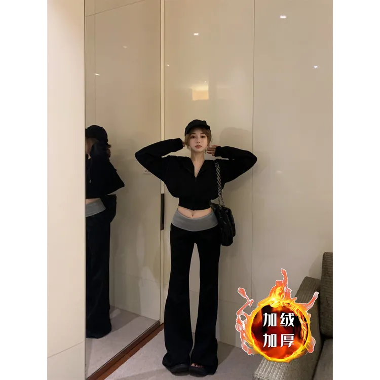 休闲时尚套装加绒加厚慵懒连帽长袖卫衣外套女秋冬微喇叭裤两件套