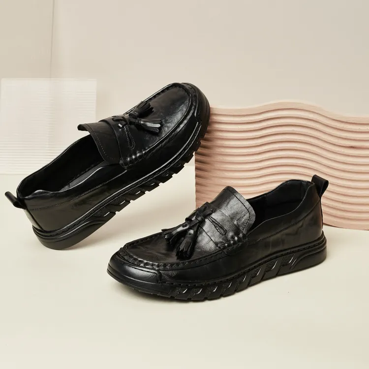 头层牛皮休闲流苏豆豆鞋新款低帮男士一脚蹬舒适透气休闲真皮男鞋