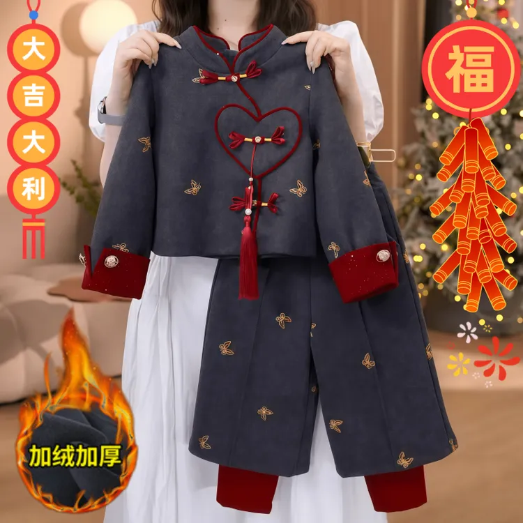 女童加绒加厚呢子套装2025新款中大童时尚拜年服冬季两件套儿童装
