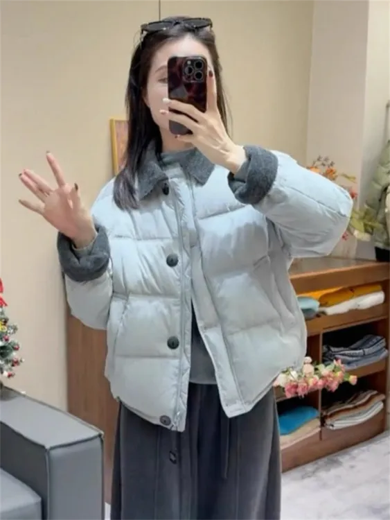 撞色拼接翻领棉服女2025冬季新款短款加厚保暖设计感小个子外套潮