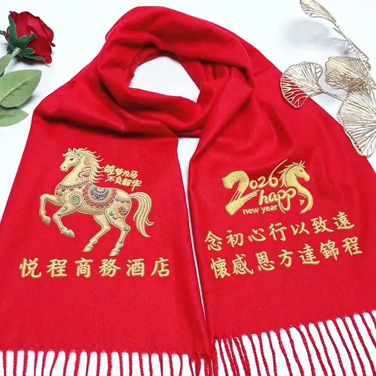 仿刺绣红围巾定制企业年会聚会聚餐团建柔软舒适不掉毛不掉色秋冬