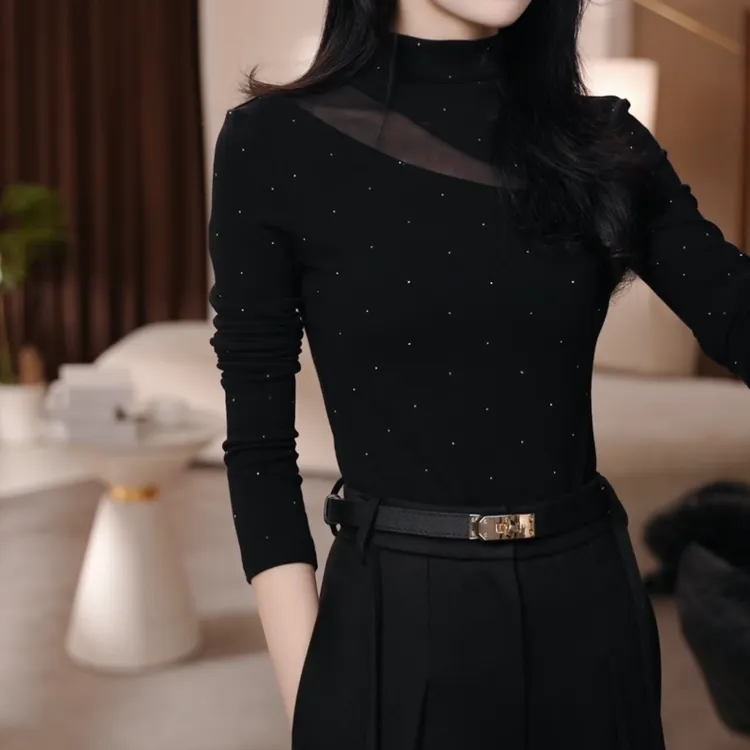 【满天星】新款带钻拼接长袖T恤内搭女冬季加绒加厚打底衫LK2509329