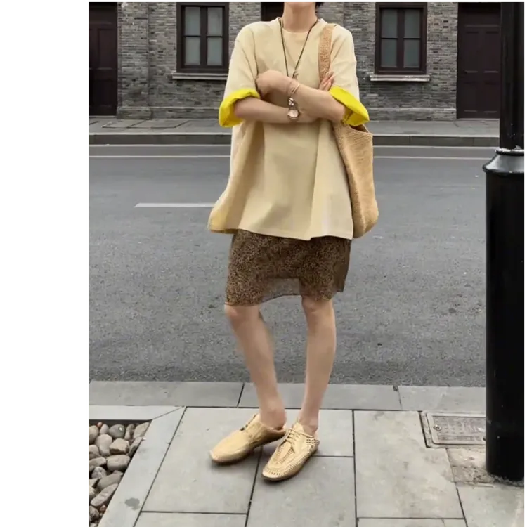 夏撞色百搭T恤正肩短袖宽松圆领上衣女复古豹纹薄款A字裙半身裙女