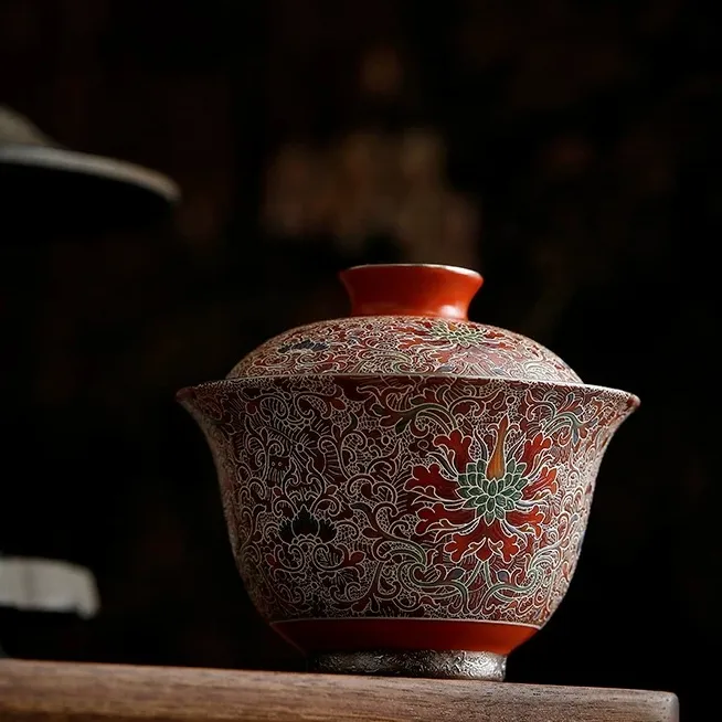 故宫红赤耀掐丝高档纯手工珐琅彩陶瓷盖碗-品釉茶具茶具高端轻奢