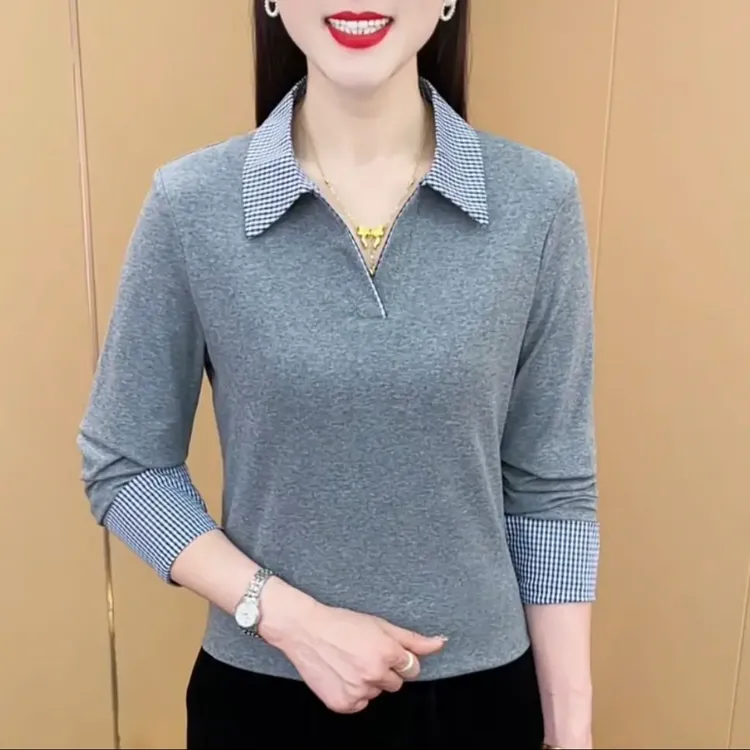 春季时尚洋气新品简约翻领撞色百搭显瘦上衣修身纯色气质中年女装
