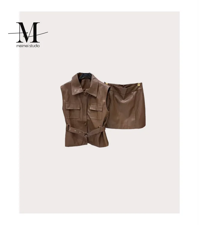 意模【】秋季复古显瘦收腰马甲休闲半裙套装--30870425