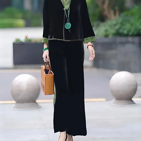 新中式风唐装女2025年春季新款香云缎面刺绣上衣撞色裤子百搭