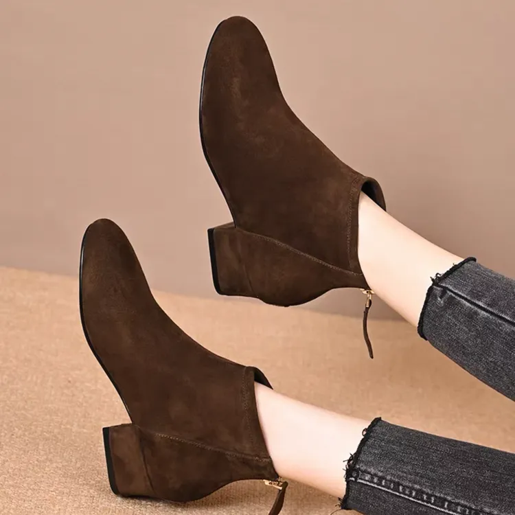 法式软皮后拉链短靴女2025年秋冬季新款圆头中跟加绒女士百搭裸靴