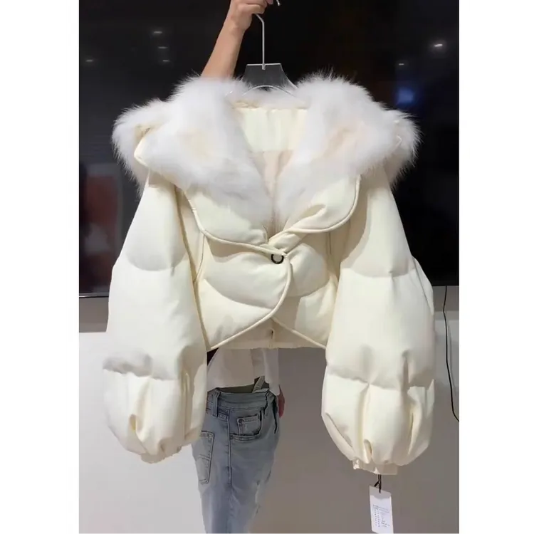 2025新款米白色短款棉服女装大毛领保暖加厚宽松百搭云朵泡芙外套