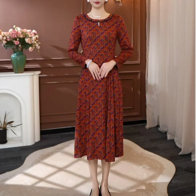 【妙莱橙心橙意】秋冬季新款时尚优雅品牌上档次妈妈装长袖连衣裙
