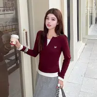 6138衣长52设计感小众撞色假两件t恤长袖显瘦短款内搭打底衫上衣