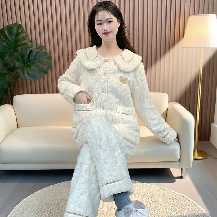 女士睡衣2025新款法兰绒秋冬季加厚毛绒保暖冬甜美家居服套装Y91