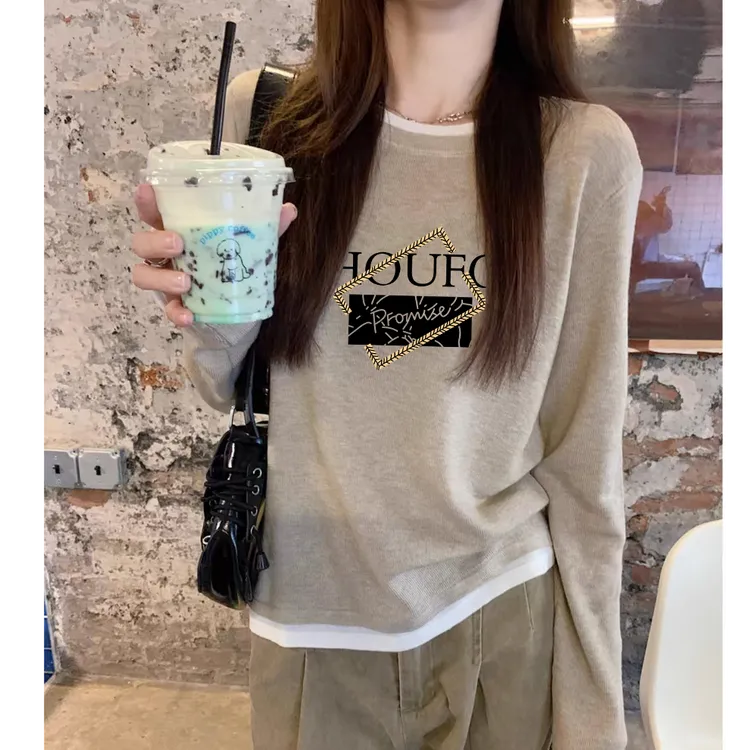 松弛感2025新款秋冬韩系圆领磨毛加厚打底衫女假两件长袖T恤上衣