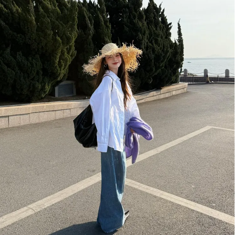 2025早春季时尚新款韩系通勤百搭内搭显瘦慵懒风衬衫休闲牛仔裤女