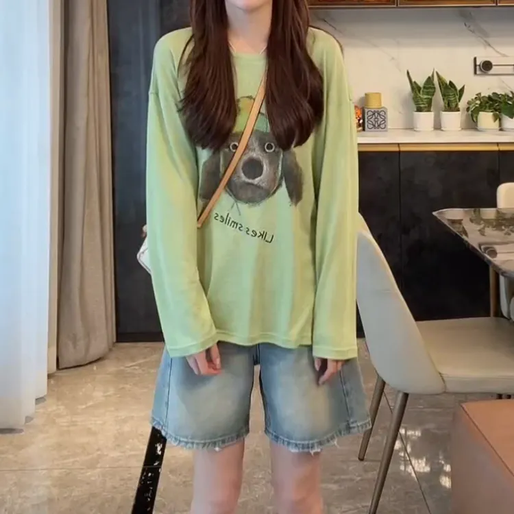 新款小狗长袖薄款T恤+百搭显瘦窄版牛仔裤LK2504263