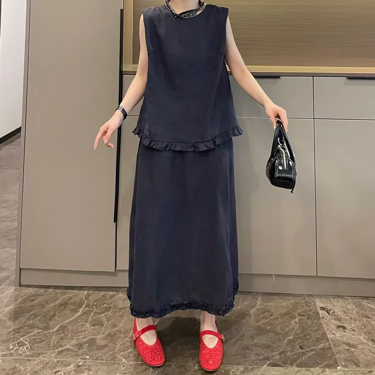 米可/MK-1999ZJ【下摆拼木耳边亚麻套装】时尚休闲夏季新款两件套