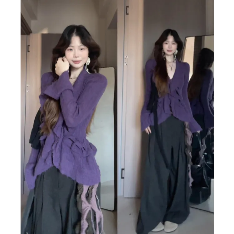 MARIE.COCO纯欲风辣妹设计感长袖针织开衫秋冬新款修身休闲阔腿裤