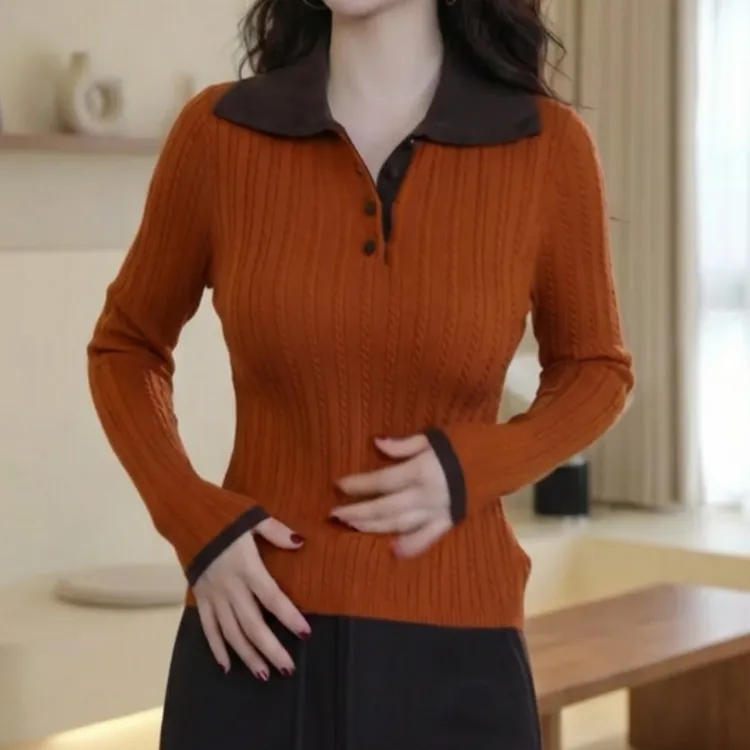 2026新款撞色高领半开扣修身显瘦百搭绞花针织衫LK2509269