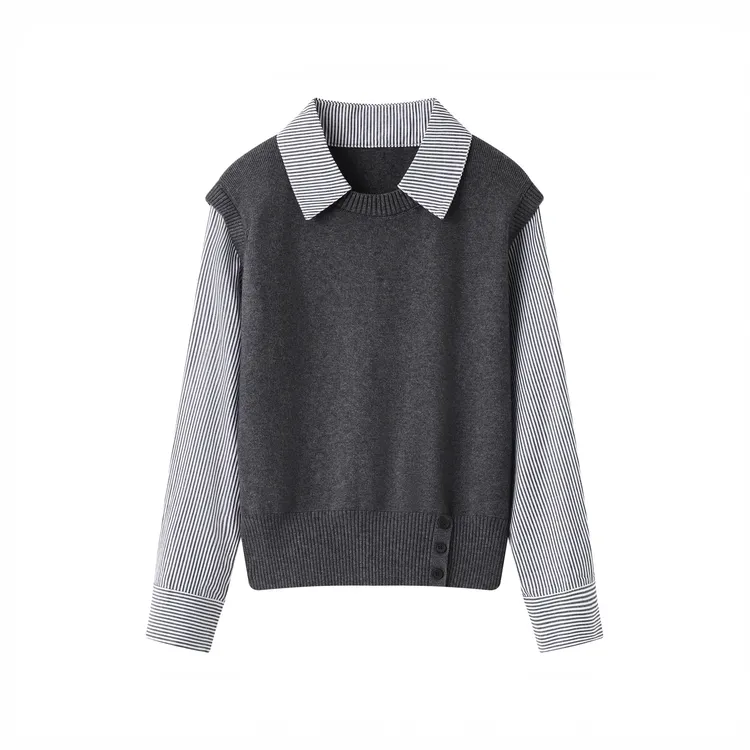 2025秋冬新款假两件拼接毛针织衫撞色女针织上衣条纹时尚套头上衣