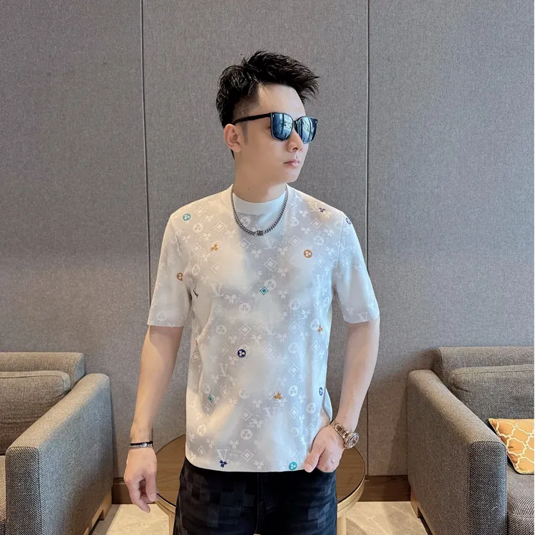 2025男士休闲欧货满身针织提花秋裤短袖网红时尚潮流圆领个性内搭